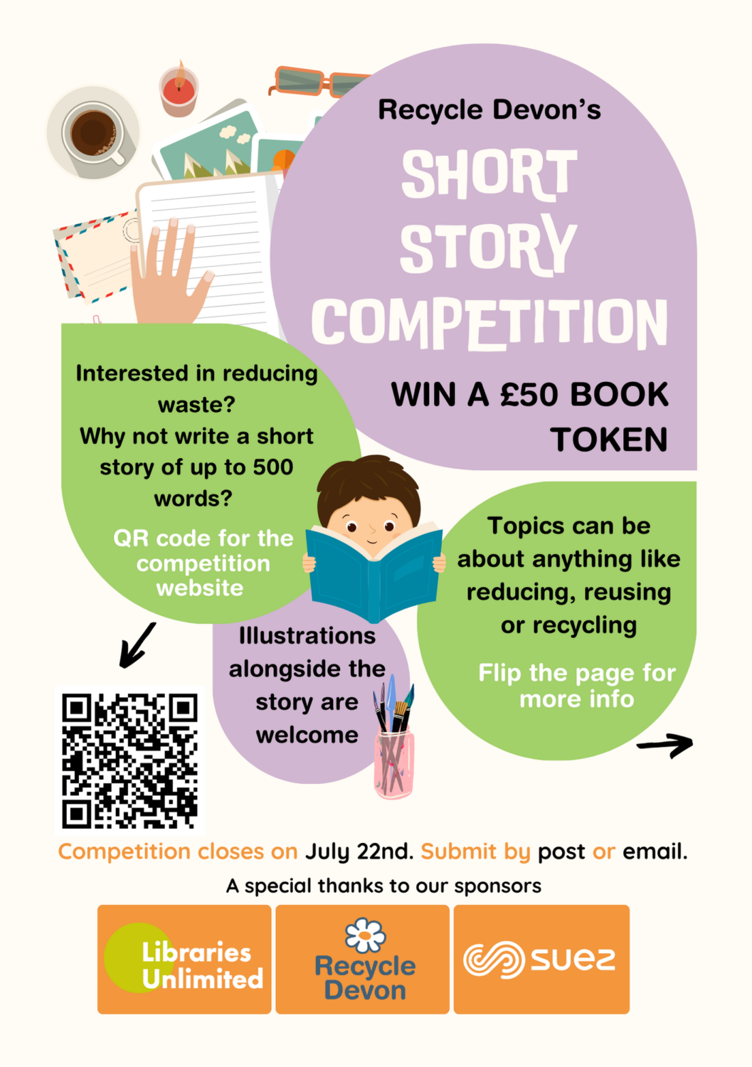 Short story poster Short story competition post with purple, green and orange text bubbles