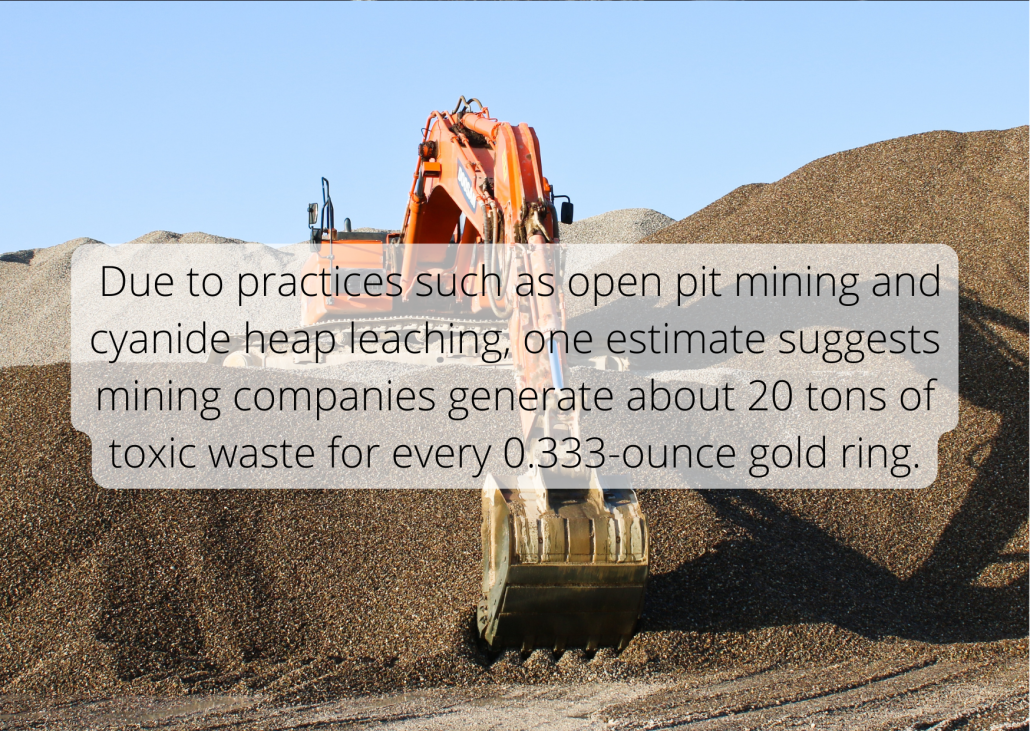 Due to practices such as open pit mining and cyanide heap leaching, one estimate suggests mining companies generate about 20 tons of toxic waste for every 0.333-ounce gold ring.