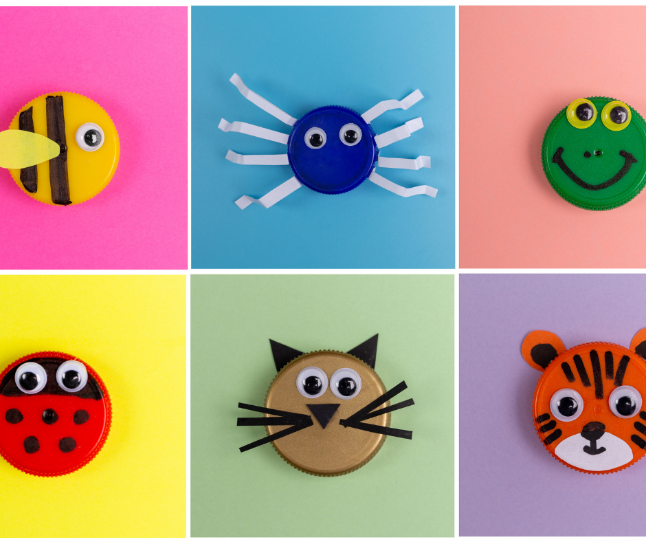 Art made from plastic bottle tops including a bee, spider, frog, ladybird, cat and tiger Art made from plastic bottle tops including a bee, spider, frog, ladybird, cat and tiger
