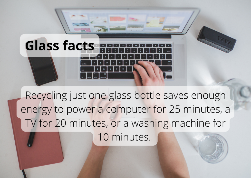 Recycling just one glass bottle saves enough energy to power a computer for 25 minutes, a TV for 20 minutes, or a washing machine for 10 minutes. Recycling just one glass bottle saves enough energy to power a computer for 25 minutes, a TV for 20 minutes, or a washing machine for 10 minutes.