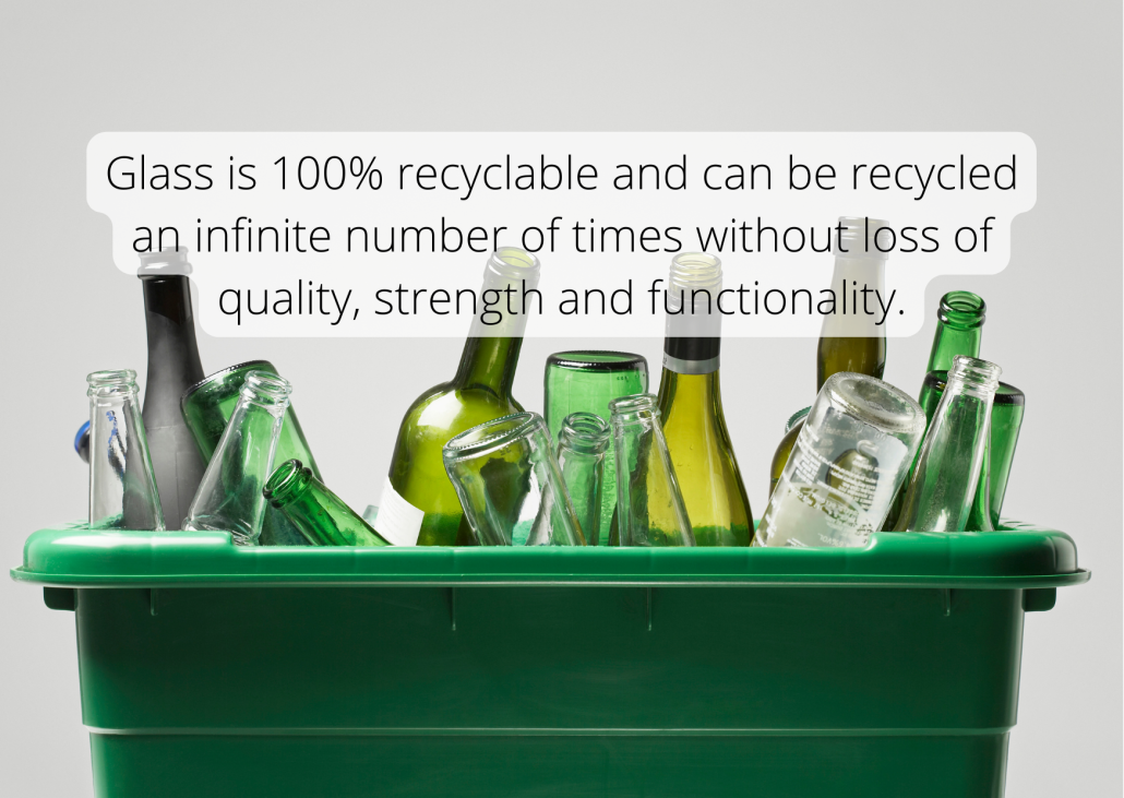 Glass Fact Glass is 100% recyclable and can be recycled an infinite number of times without loss of quality, strength and functionality.
