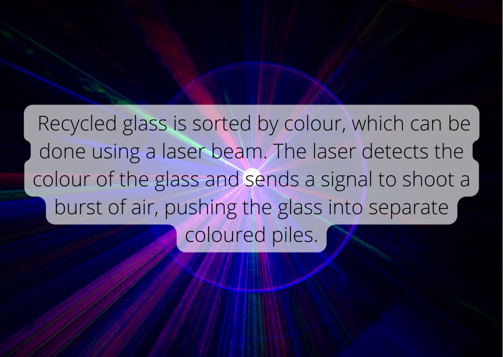 Glass Fact Recycled glass is sorted by colour, which can be done using a laser beam. The laser detects the colour of the glass and sends a signal to shoot a burst of air, pushing the glass into separate coloured piles.