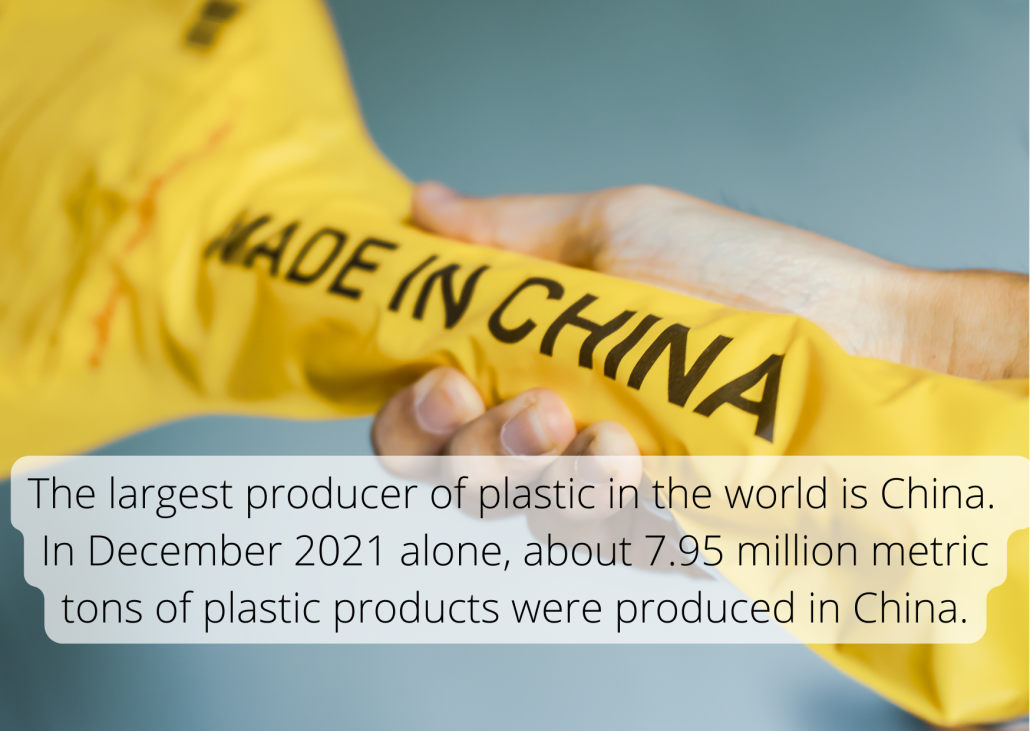 The largest producer of plastic in the world is China. In December 2021 alone, about 7.95 million metric tons of plastic products were produced in China. The largest producer of plastic in the world is China. In December 2021 alone, about 7.95 million metric tons of plastic products were produced in China.