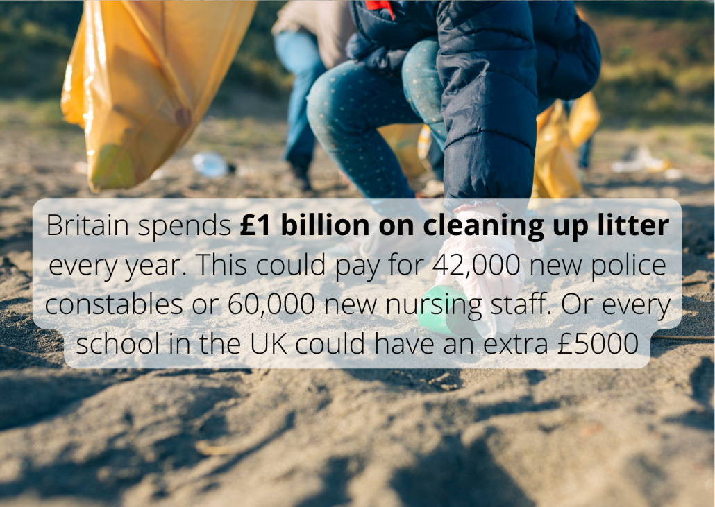 Britain spends £1 billion on cleaning up litter every year. This could pay for 42,000 new police constables or 60,000 new nursing staff. Or every school in the UK could have an extra £5000 Britain spends £1 billion on cleaning up litter every year. This could pay for 42,000 new police constables or 60,000 new nursing staff. Or every school in the UK could have an extra £5000