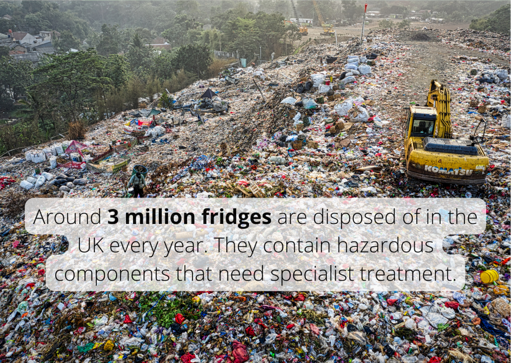 Around 3 million fridges are disposed of in the UK every year. They contain hazardous components that need specialist treatment. Around 3 million fridges are disposed of in the UK every year. They contain hazardous components that need specialist treatment.