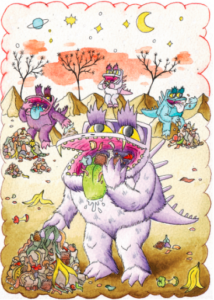 Version 2 eating Bonster the monster eating food waste on his alien planet.
