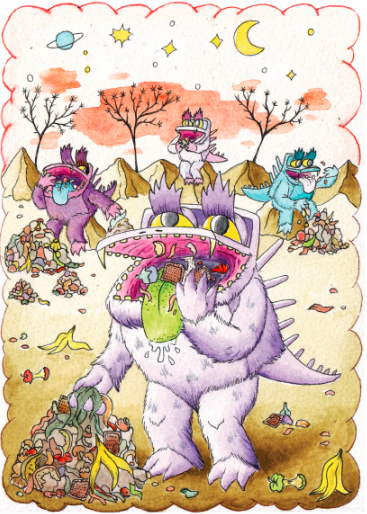 Bonster the monster eating food waste on his alien planet.