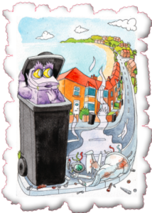 Monster inside bin Bonster the monster peeking out of the bin