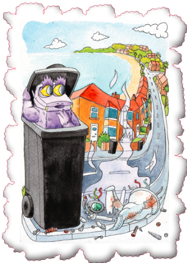 Bonster the monster peeking out of the bin