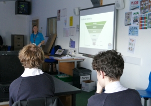 P1020471 Waste Educator Lucy in front of a smartboard teaching about the circular economy in a GCSE class with backs of students heads
