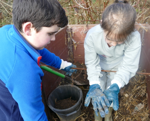 2 children wearing gloves and looking at minibeasts in a compost container