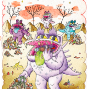 Bonster the monster eating food waste on his alien planet.
