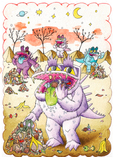 Bonster the monster eating food waste on his alien planet.