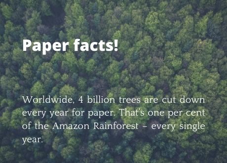Paper Facts 1 Image of trees with the following text: Paper facts! Worldwide, 4 billion trees are cut down every year for paper. That's one per cent of the Amazon Rainforest - every single year.