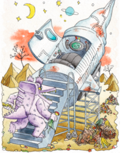 Rocket Bonster the monster climbing stairs into their rocket