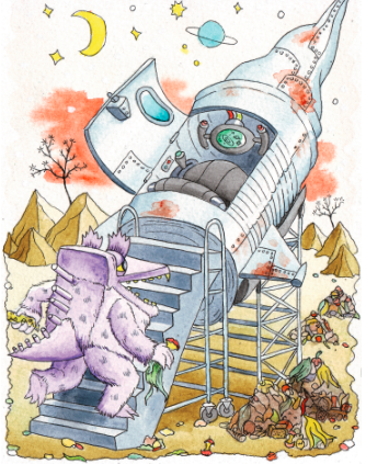 Bonster the monster climbing stairs into their rocket