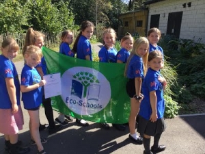 Sparkwell Primary School Group of children at Sparkwell school holding up their EcoschoolsGreen Flag