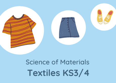 Illustration of clothes with text that reads science of materials Textiles KS3/4