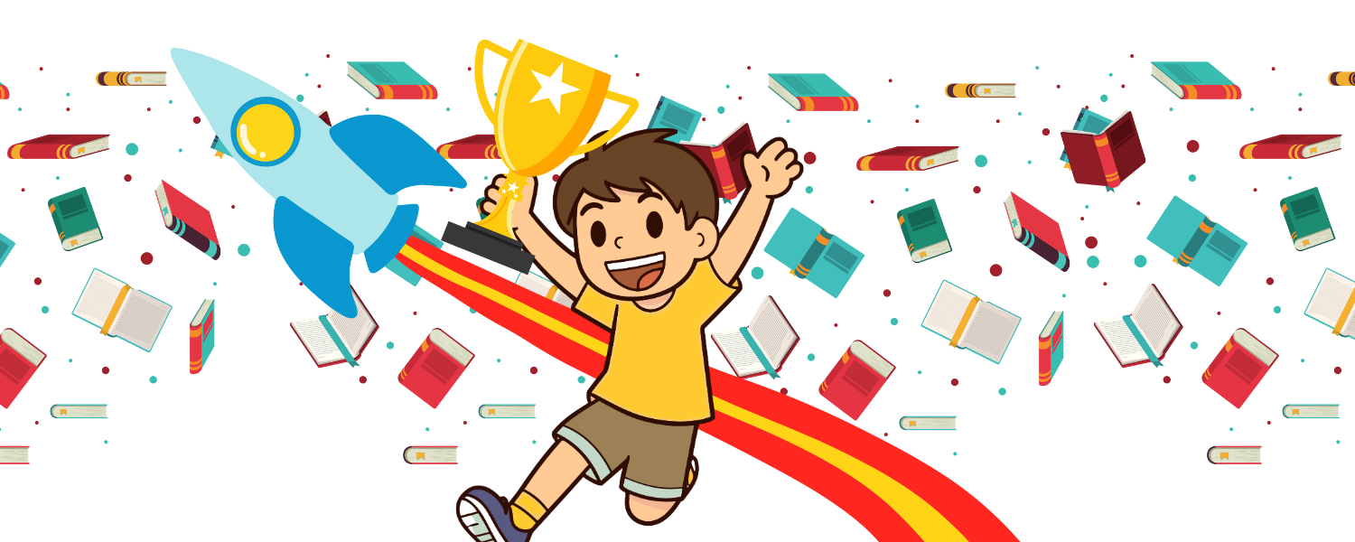 Short story competition A boy jumping up with a trophy. He is on the backdrop of a rocket and a range of books.