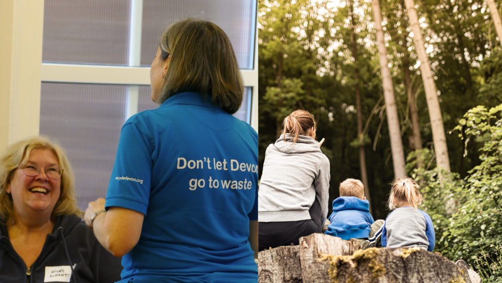 Two images combined. The left half is of a waste educator having a smiley conversation with a resident. The right photo is a lady pointing to woodland and two children listening to her