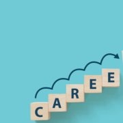 Image of the word careers in a blue background. An arrow is jumping on the word blocks.