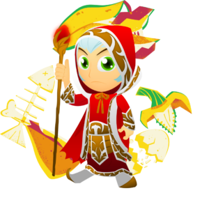 A villain in red with food waste behind him.