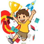 A boy holding a winning cup in front of books and a rocket. For the short story competition.