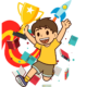 A boy holding a winning cup in front of books and a rocket. For the short story competition.