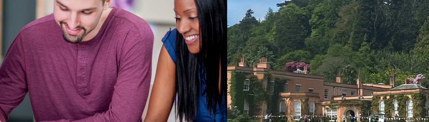 Untitled design An image divided between two. The left picture showing people smiling and studying and the right picture showing Killerton house on a sunny day