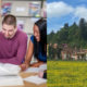 An image divided between two. The left picture showing people smiling and studying and the right picture showing Killerton house on a sunny day