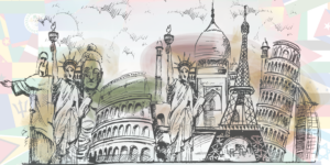 Worldwide Banner that showcases all the top tourist attractions like the Eiffel Tower, the statute of Buddha and the Statute of Liberty. Behind is the flags of the world.