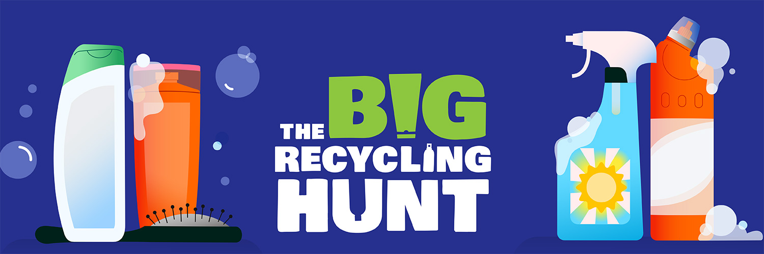 WRAP_RW23_Twitter_Header_1500X500px Title: The Big Recycling Hunt Background: Blue with kitchen and bathroom products at the side of the title. Encouraging you to join the big recycling hunt.