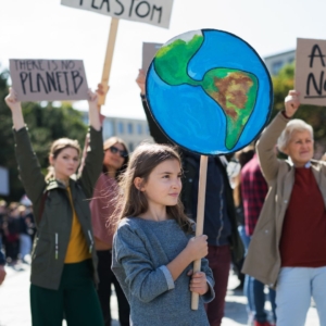 World Thinking Day A group of female protesters holding signs about environmentalism. The focus of the image is the young girl at the front holding a sign of the Earth.