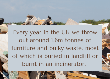 furniture fact 6 Photo of dumped furniture with the text: Every year in the UK we throw out around 1.6m tonnes of furniture and bulky waste, most of which is buried in landfill or burnt in an incinerator.
