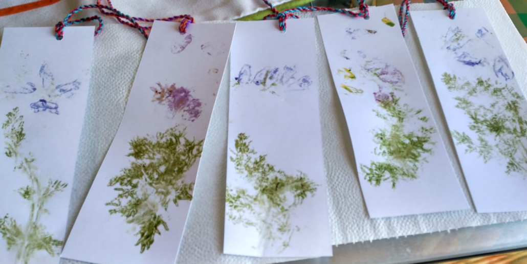 Pictures of bookmarks created by printing with flowers and leaves