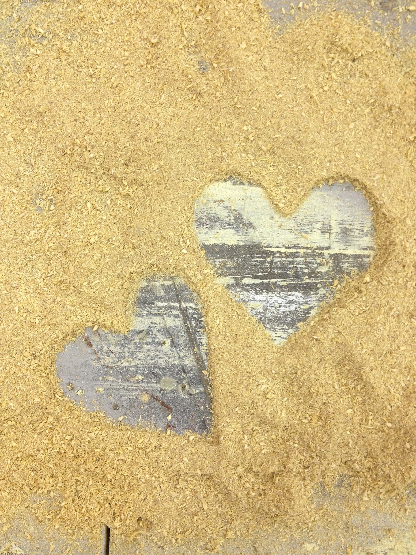 Sawdust hearts a picture of hearts etched with sawdust on a plank of wood