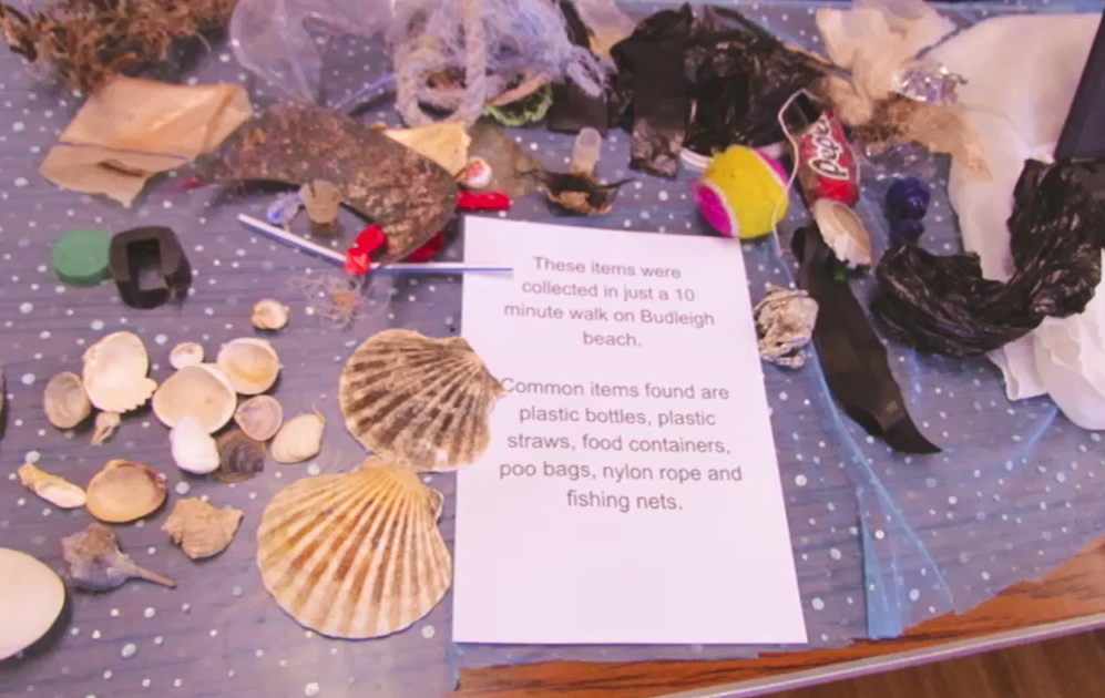 st peters 6 A collection of objects found on a 10 minute walk at Budleigh nbeach including scallop shells and lots of plastic pollution, including plastic packaging and fishing gear