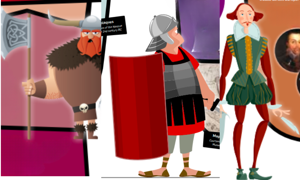Timeline picture A picture for Archaeology Day. they are illustrations from our history of waste timeline. Three cartoon characters, a Viking solider, a Roman soldier and William Shakespeare